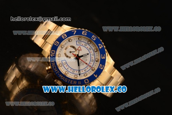 Rolex Yacht-Master II Chronograph Swiss Valjoux 7750 Automatic Yellow Gold Case with White Dial and Dots Markers Blue Bezel (JF) - Click Image to Close